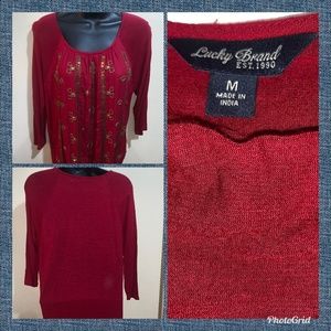 LUCKY BRAND BEADED TOP SZ M WINE